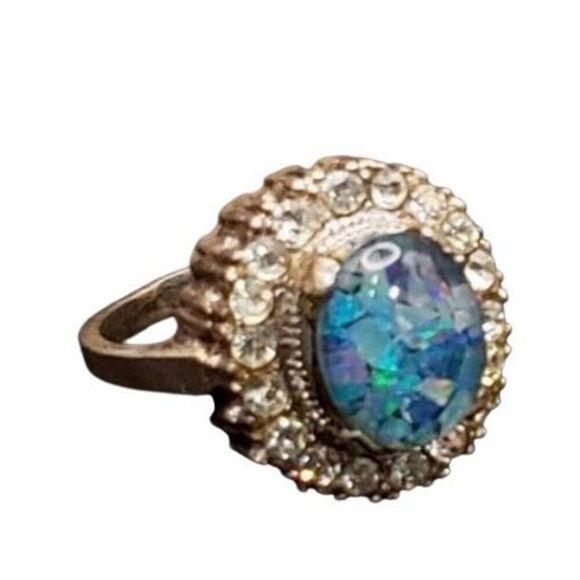 Vintage Estate Sterling Silver Art Deco Cocktail Ring Size 6 Blue Center Opal - Picture 1 of 16
